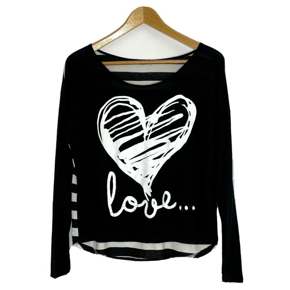 Paper Tee Womens XL L/S T Shirt Knit Top High Low Hemline Black White Heart Love